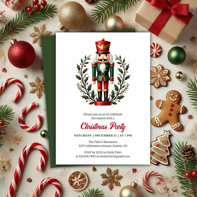 Invitación Fiesta de Navidades temáticos del Clásico Red Nutc (Classic Red, White and Green Nutcracker Themed Christmas Party Invitation)