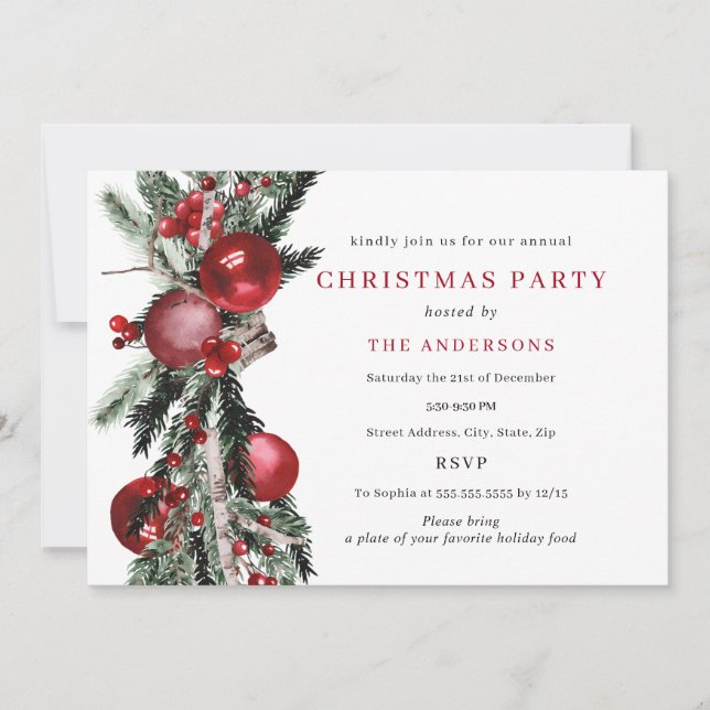 Invitación Fiesta de Navidades tradicionales de follaje verde (Anverso)
