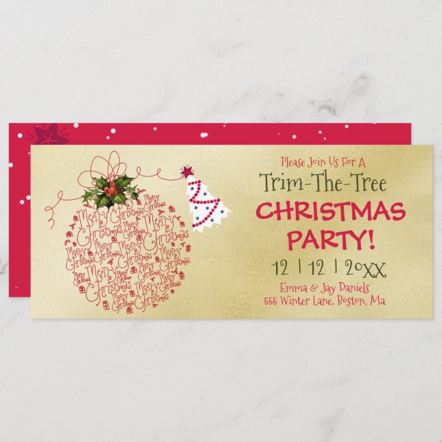 Invitación Fiesta de Navidades Trim-The-Tree, Red y Gold (Anverso / Reverso)