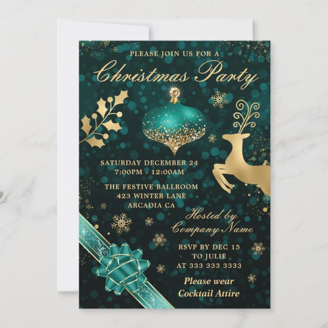 Invitación Fiesta de Navidades verde azulados y Gold Bauble y (Anverso)