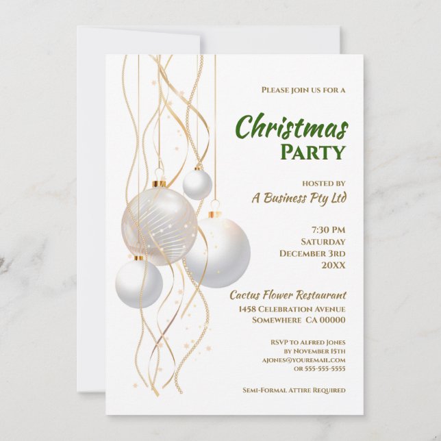 Invitación Fiesta de Navidades verdes, blancos y dorados mode (Reverso)
