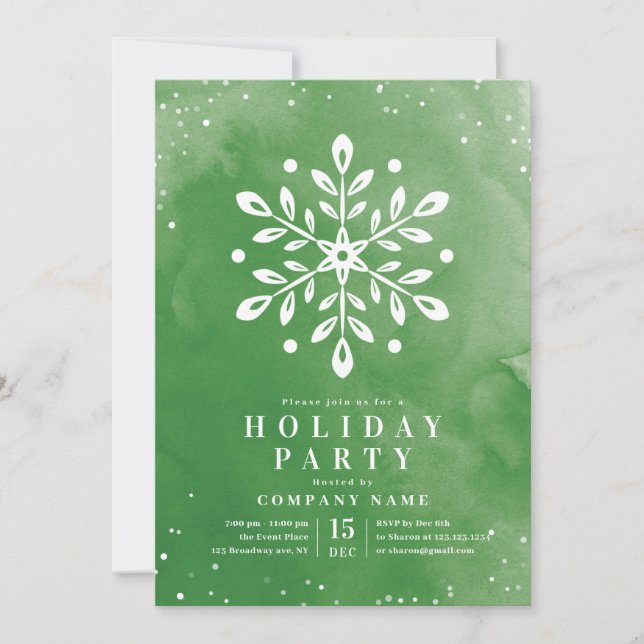 Invitación Fiesta de Navidades verdes con copo de nieve de co (Anverso)