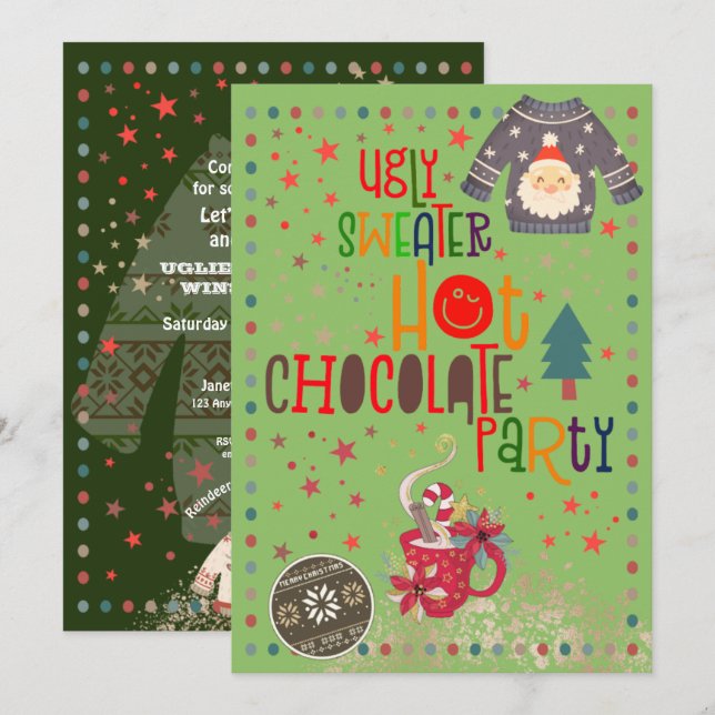 Invitación Fiesta de Navidades verdes de chocolate caliente y (Anverso / Reverso)