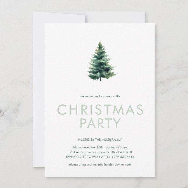 Invitación Fiesta de Navidades verdes de pino minimalista (Anverso)