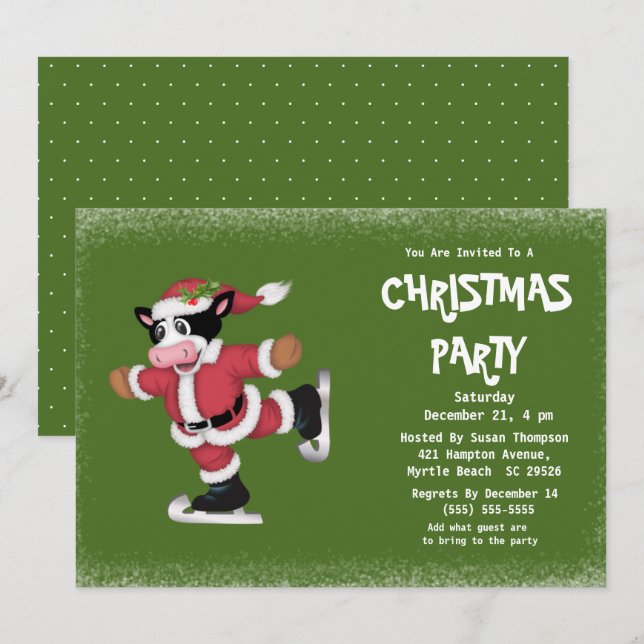 Invitación Fiesta de Navidades verdes de vaca de patinaje sob (Anverso / Reverso)