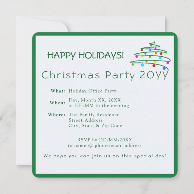 Invitación Fiesta de Navidades verdes elegantes y personaliza (Anverso)