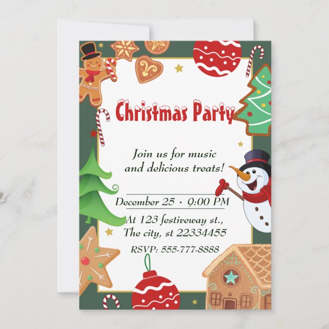 Invitación Fiesta de Navidades verdes y blancos de época (Anverso)