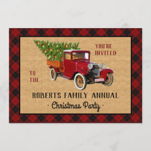 Invitación Fiesta de navidades Vieja Red Truck Tree Plaid Che