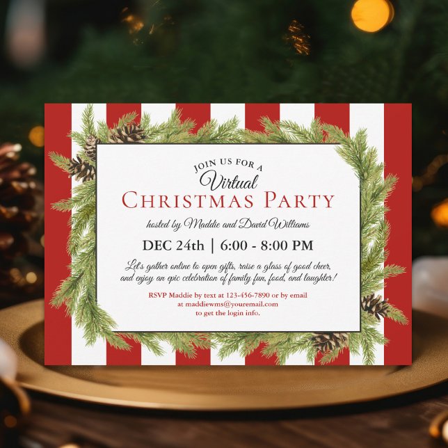 Invitación Fiesta de Navidades virtuales Evergreens y Stripes (Celebrate Christmas with a virtual party for family and friends far away.)