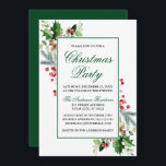 Invitación Fiesta de Navidades Watercolor Winter Greenery Hol<br><div class="desc">Elegante acuarela Invitación a fiesta de Navidades Red Holly Berries de invierno - Guión verde</div>