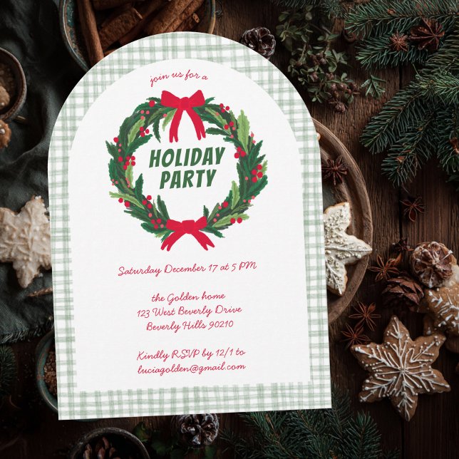 Invitación Fiesta de Navidades Wreath dibujados a mano ARCH G (Hand-Drawn Wreath Christmas Party ARCH Gingham Invitation
)