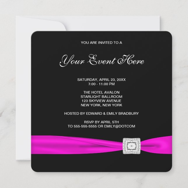 Invitación Fiesta de Negro y Rosa Fucsia (Anverso)