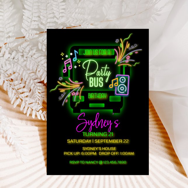 Invitación Fiesta de neón, autobús de fiesta, cualquier edad, (Subido por el creador)
