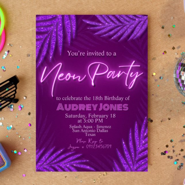 Invitación Fiesta de neón - Brillo - Morado (Neon Party - Glow - Purple Invitation)