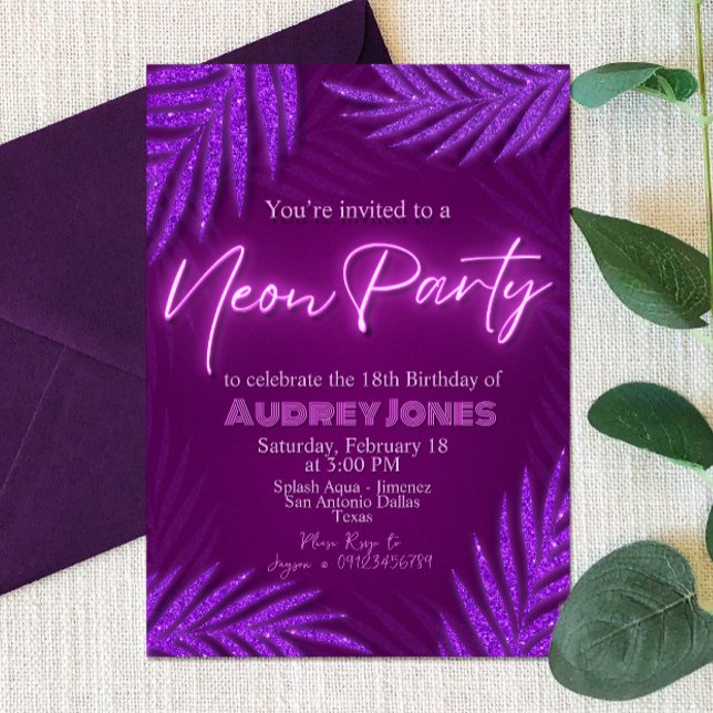 Invitación Fiesta de Neon - Brillo - Morado (Neon Party - Glow - Purple Invitation)