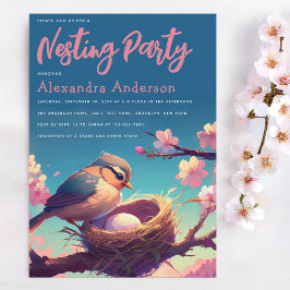 Invitación Fiesta de Nido Pájaro Nido de Huevo Azul Flor Rosa