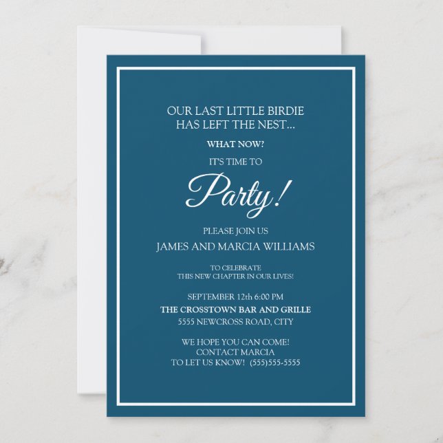 Invitación Fiesta de Nido Vacío Azul Marino Blanco (Anverso)