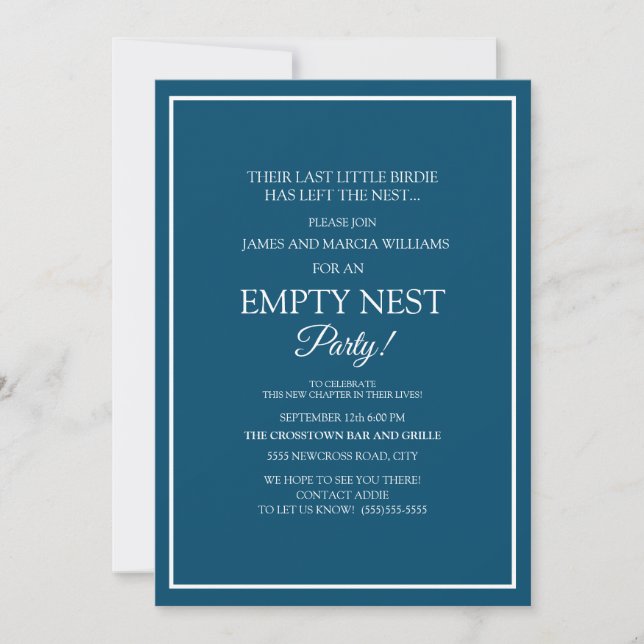 Invitación Fiesta de Nido Vacío Azul Marino Moderno Blanco (Anverso)