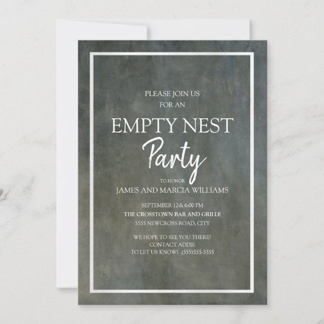 Invitación Fiesta de Nido Vacío con Textura Gris y Plateado (Anverso)