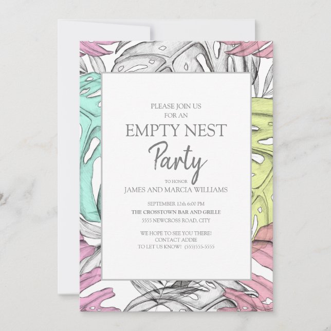 Invitación Fiesta de Nido Vacío de Hoja Tropical Gris Verde R (Anverso)
