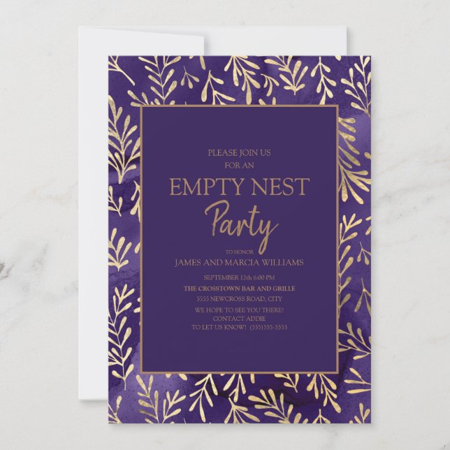 Invitación Fiesta de Nido Vacío de Hojas de Oro Morado con Es (Anverso)