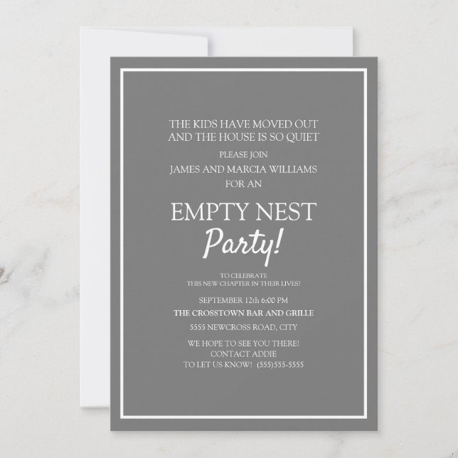 Invitación Fiesta de Nido Vacío Gris Blanco Moderno (Anverso)