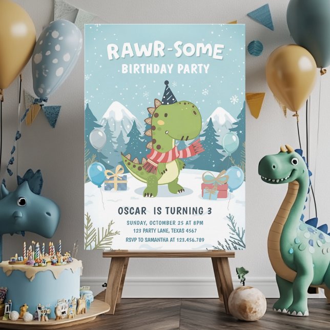 Invitación FIESTA de Nieve T-Rex de dinosaurio invernal RAWR- (Subido por el creador)