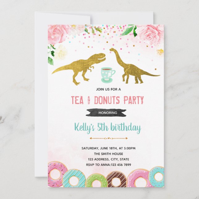 Invitación Fiesta de niña de donut de té rex (Anverso)