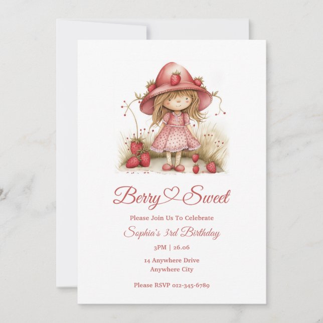 Invitación Fiesta de niña de fresa (Anverso)