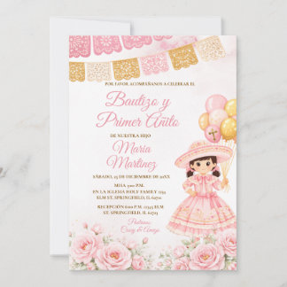 Invitación Fiesta de niña española rosa Bautizo y primer añit