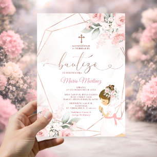 Invitación Fiesta de niña rosa oro bautizo mexicano floral ro
