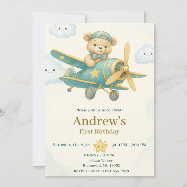 Invitación Fiesta de niño de primer cumpleaños de un avión pe (Anverso)
