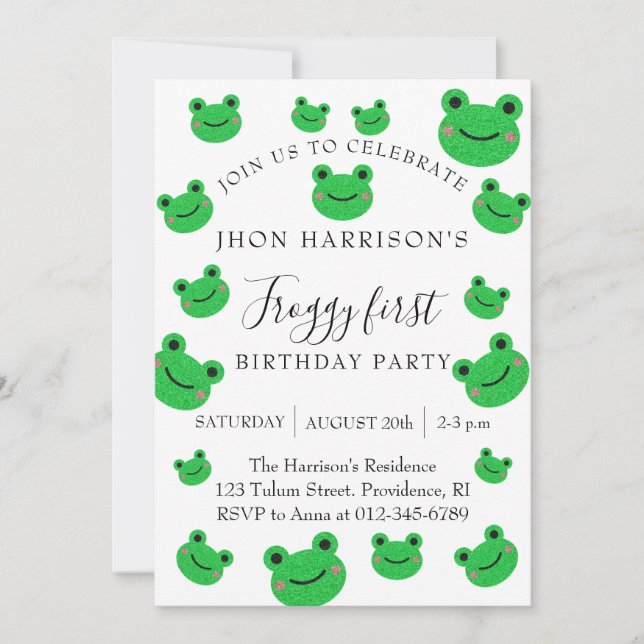 Invitación Fiesta de Niño Rana Primer Cumpleaños  (Anverso)