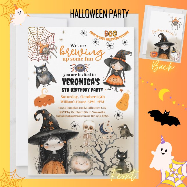Invitación Fiesta de niños brujos de Halloween (Cute Witch Halloween Kids Party Invitation)