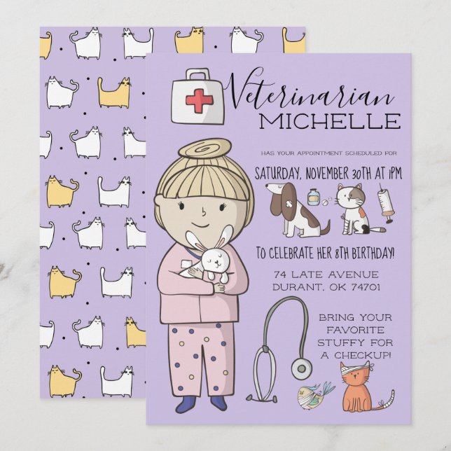 Invitación Fiesta de Niños con Temas Veterinarios (Anverso / Reverso)