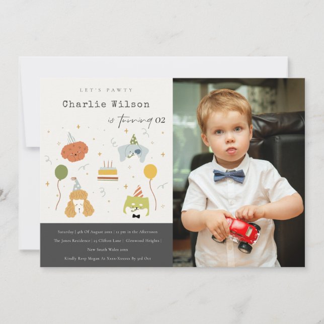 Invitación Fiesta de niños pequeños cachorros foto de cualqui (Anverso)