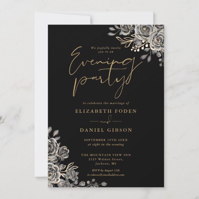 Invitación Fiesta De Noche De Boda Floral Gótico Negro Y Oro (Anverso)