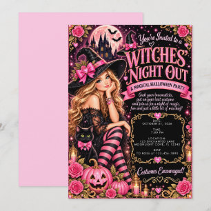 Invitación Fiesta de Noche de Brujas Glam Rosa Negra Hallowee