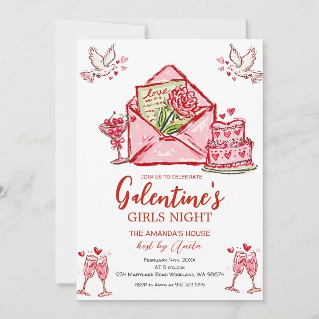 Invitación Fiesta de Noche de Chicas de Galentines San Valent (Anverso)