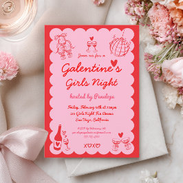 Invitación Fiesta de noche de chicas Galentine's rosa y rojo