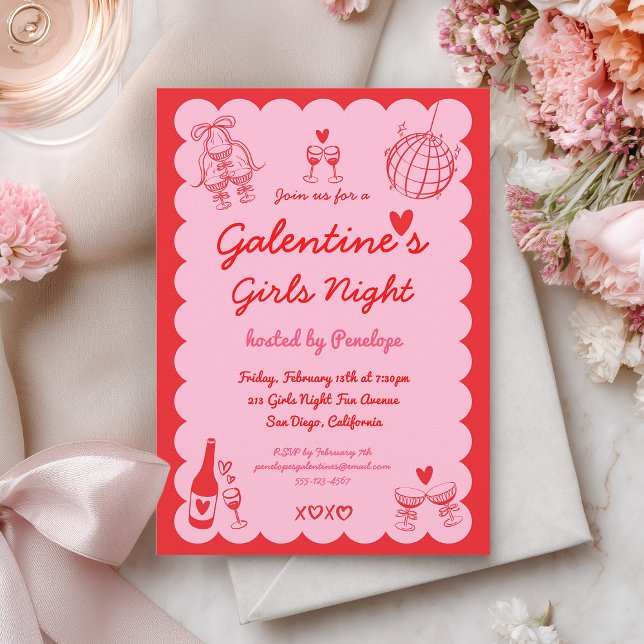 Invitación Fiesta de noche de chicas Galentine's rosa y rojo  (Subido por el creador)