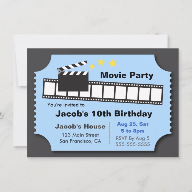 Invitación Fiesta de Noche de Cine, Fiesta de Cumpleaños (Anverso)