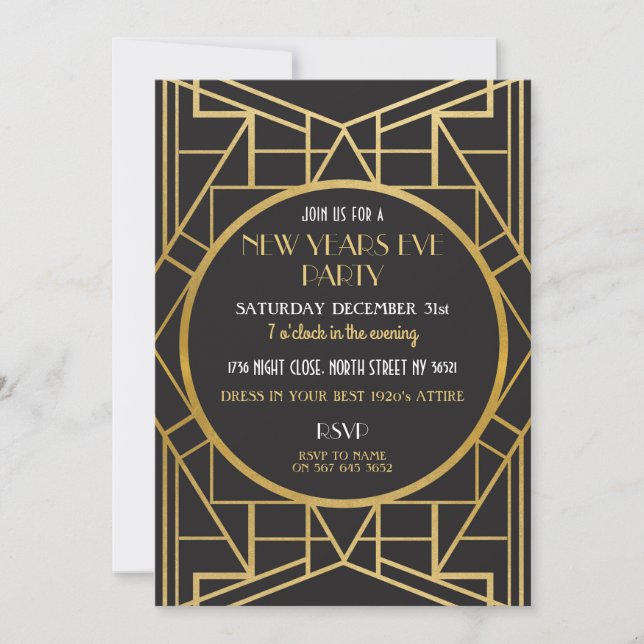 Invitación fiesta de Noche Vieja de Gatsby del art déco de (Anverso)