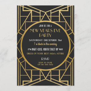 Invitación fiesta de Noche Vieja de Gatsby del art déco de