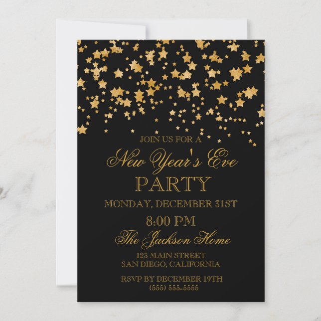 Invitación Fiesta de Noche Vieja de las estrellas del confeti (Anverso)