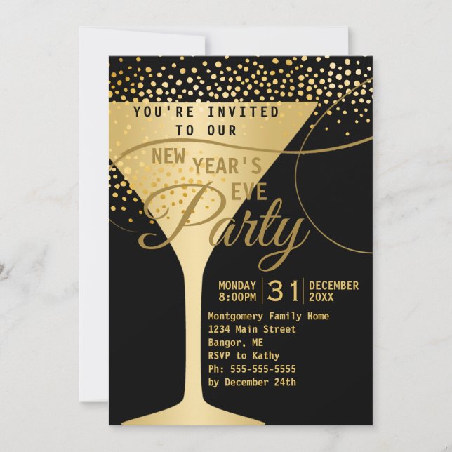 Invitación Fiesta de Noche Vieja del negro de las chispas de (Anverso)