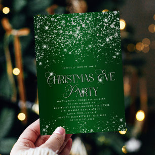 Invitación Fiesta de Nochebuena con Brillo Verde Elegante y P