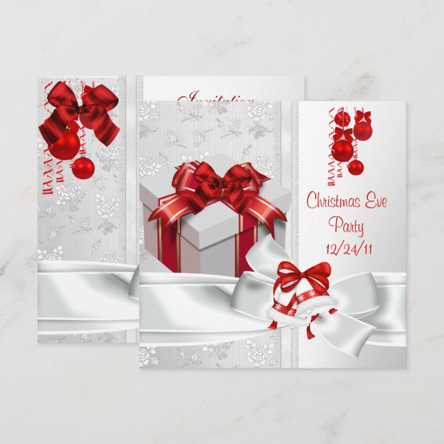 Invitación Fiesta de Nochebuena Elegante Encaje Blanco Cinta  (Anverso / Reverso)