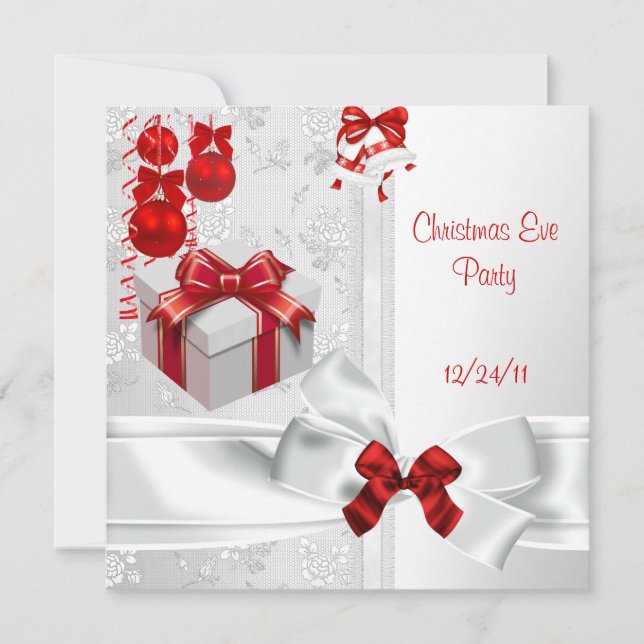 Invitación Fiesta de Nochebuena Elegante Encaje Blanco Cinta  (Anverso)