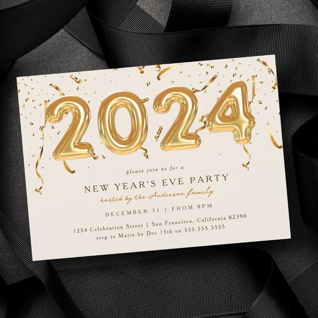 Invitación Fiesta de Nochevieja 2024 con globo de oro (Subido por el creador)